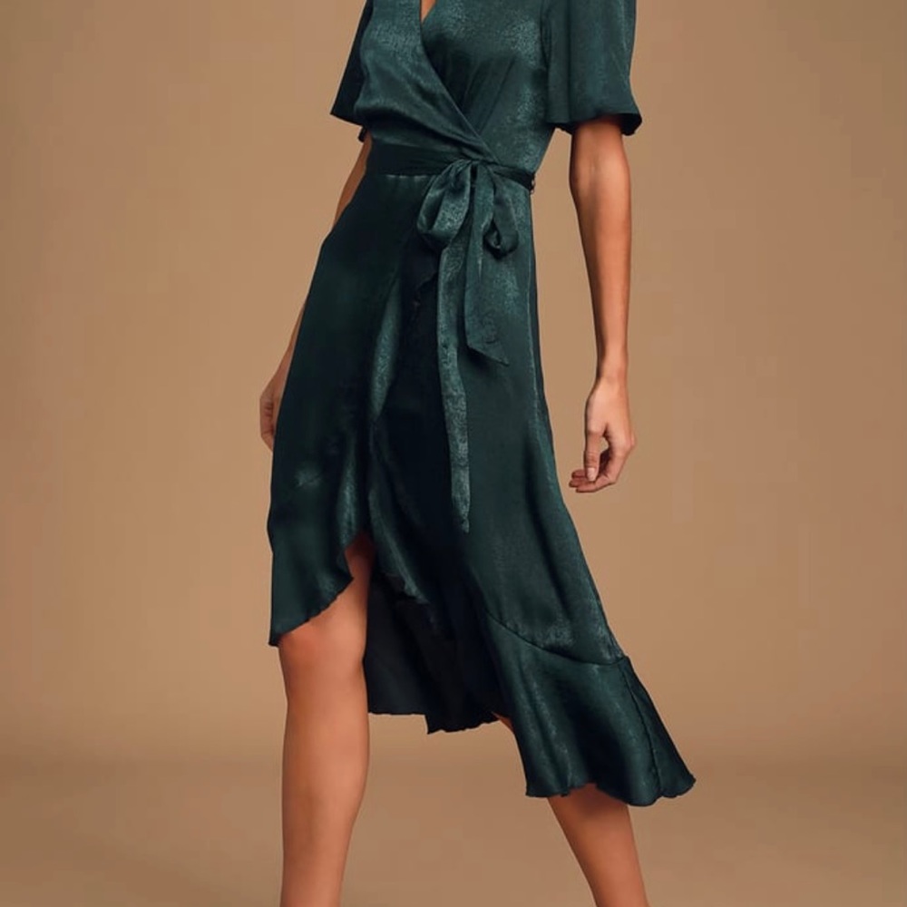 Dark green faux satin wrap dress
